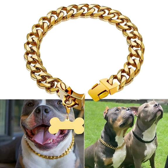 TELOLY 18K Gold Metal Cuban Link Safe Buckle Design Walking Chain Collar Heavy Duty Chew Proof for Small Dogs