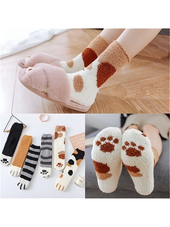 2/6 Pairs Cute Cat Claw Socks Plush Cozy Slipper Socks Fuzzy Fluffy Winter Indoor Sleeping Socks Floor Socks Kitty Cat Paw Thickening Warm Socks for Women Girls Cat Socks Women