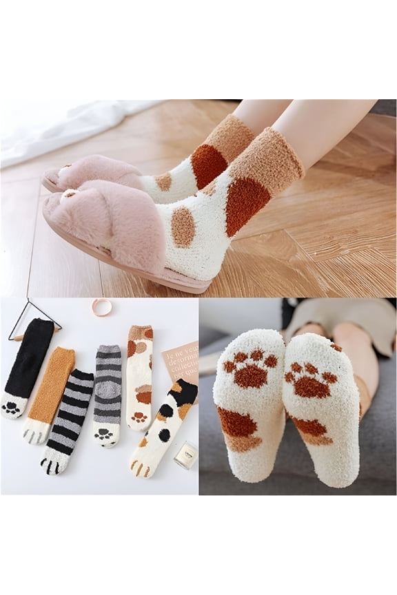 2/6 Pairs Cute Cat Claw Socks Plush Cozy Slipper Socks Fuzzy Fluffy Winter Indoor Sleeping Socks Floor Socks Kitty Cat Paw Thickening Warm Socks for Women Girls Cat Socks Women