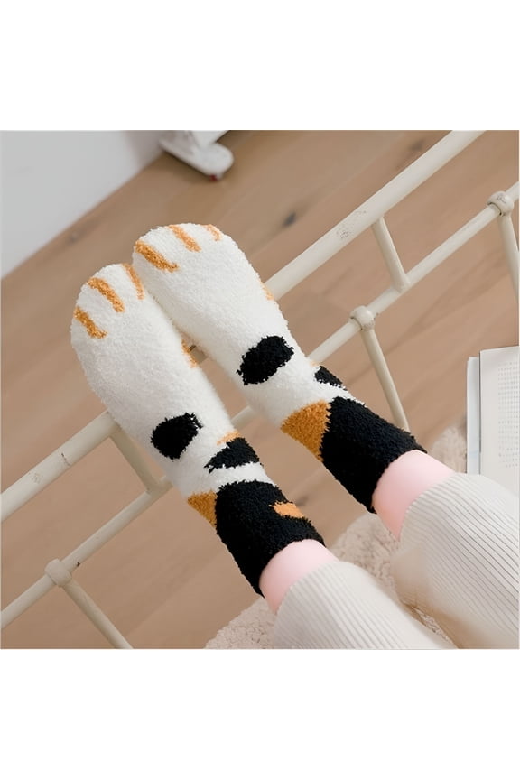 2/6 Pairs Cute Cat Claw Socks Plush Cozy Slipper Socks Fuzzy Fluffy Winter Indoor Sleeping Socks Floor Socks Kitty Cat Paw Thickening Warm Socks for Women Girls