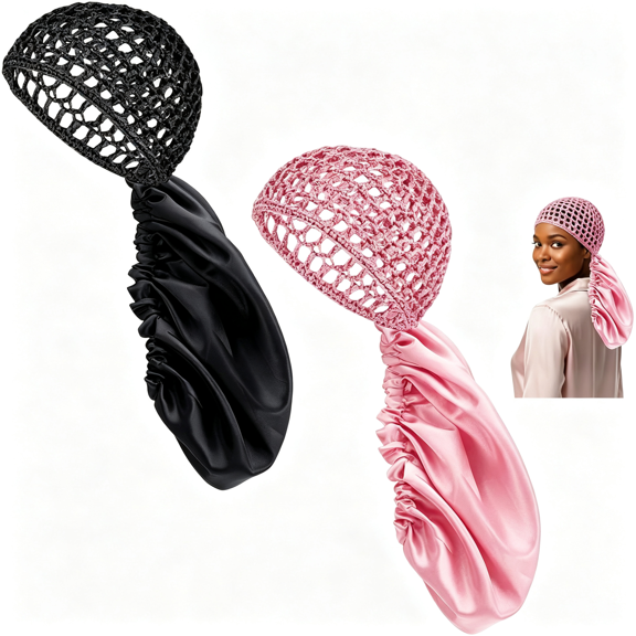TELOLY 2 Pack 2 in 1 Wrap Cap Bonnet Reversible Silk Press Hair Net for Sleeping Adjustable Double Layered Braid Protection Elastic Wrap Caps for Long Hair