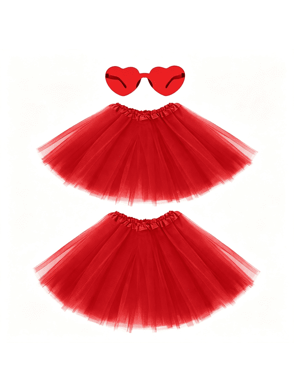 2 Pack Adult Tutus Skirts for Women with Sunglasses, 3 Layered Elastic Tulle Tutu Skirt for Running Ballet Dance Halloween Red Tutu