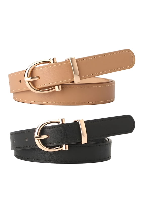 2 Pack Kids Leather Belts for Girls Solid Colors Skinny Belt for Teen Girls with Double O-Ring Buckles Kids Belt