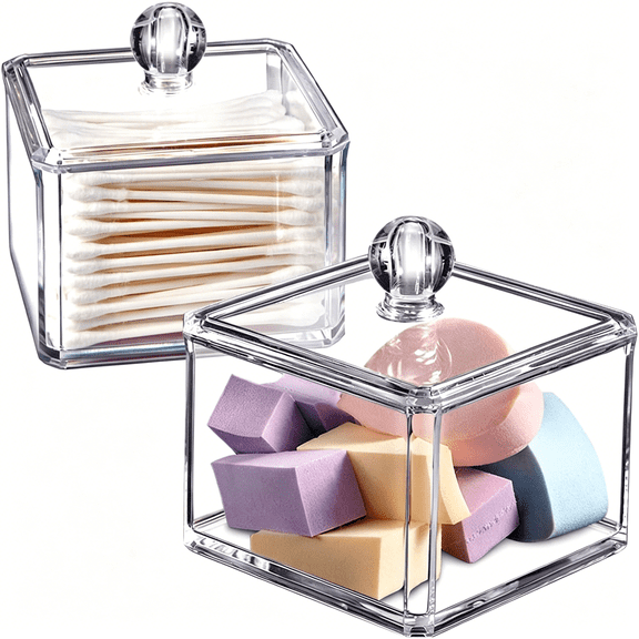 TELOLY 2-Pack Modern Square Acrylic Qtip Holder - Clear Apothecary Jars with Lids - Bathroom Vanity Storage Canister - Shatterproof Square Organizers for Cotton Swabs,Pads - Modern Minimalist Decor