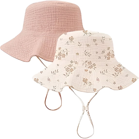 TELOLY 2 Pack Muslin Baby Sun Hat UPF 50+ Sun Protection Baby Bucket Hat Summer Beach Hats with Wide Brim for Boys & Girls