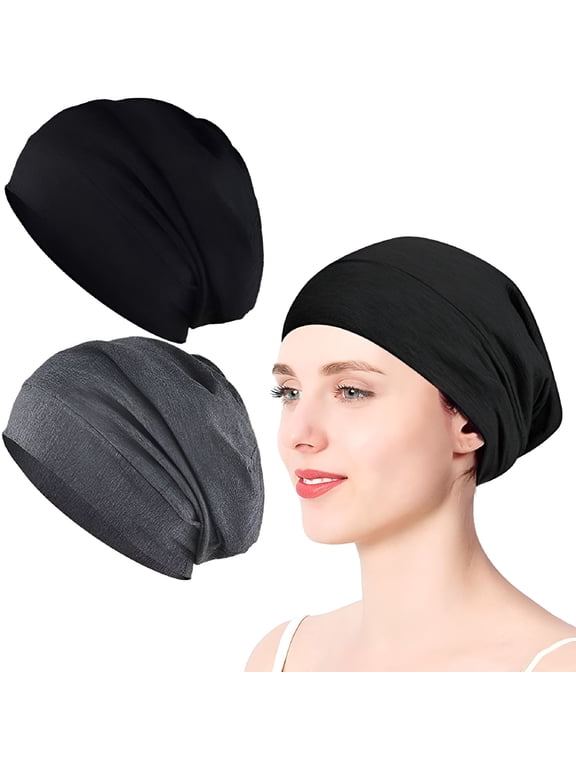 2 Pack Sleep Cap, Satin Bonnet Silk Hair Bonnet, Night Cap Slouchy Breathable Headwear Curly Hair Satin Lined Beanie Chemo Cap Silk Lined Hat for Men/Women (Black, Grey)