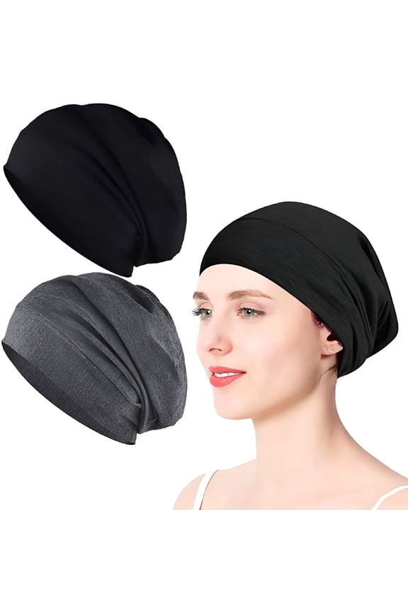 2 Pack Sleep Cap, Satin Bonnet Silk Hair Bonnet, Night Cap Slouchy Breathable Headwear Curly Hair Satin Lined Beanie Chemo Cap Silk Lined Hat for Men/Women (Black, Grey)