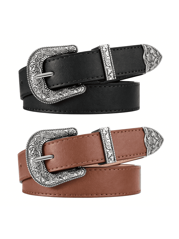2 Pack Western Belt for Women Cowgirl Cowboy Adjustable Country Belt for Women for Jeans Pants with Silver Vintage Engraved Buckle
