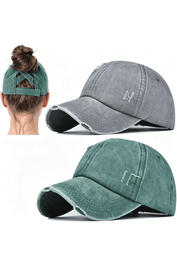 2 Packs Distressed Ponytail Hat for Women Criss Cross Hat Baseball Cap Pony Tail Caps High Bun Distressed Ponytail Hats for Women