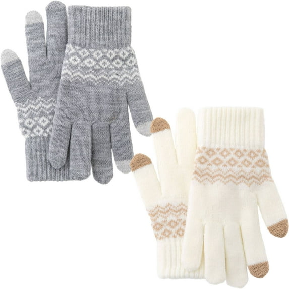 TELOLY 2 Pair Winter Gloves,Adjustable Fit Mens Winter Gloves,Cold Resistance Soft Inner Lining Winter Gloves Women,White&Gray