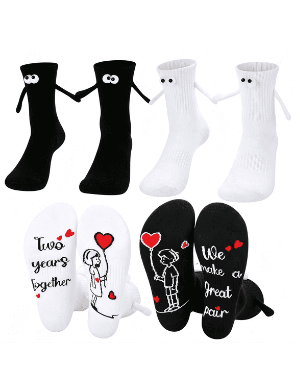 2 Pairs Couples Magnetic Holding Hands Socks with Gift Box Romantic Novelty Gifts for Him,Her,Husband,Wife,Magnetic Anniversary Gift for Couple