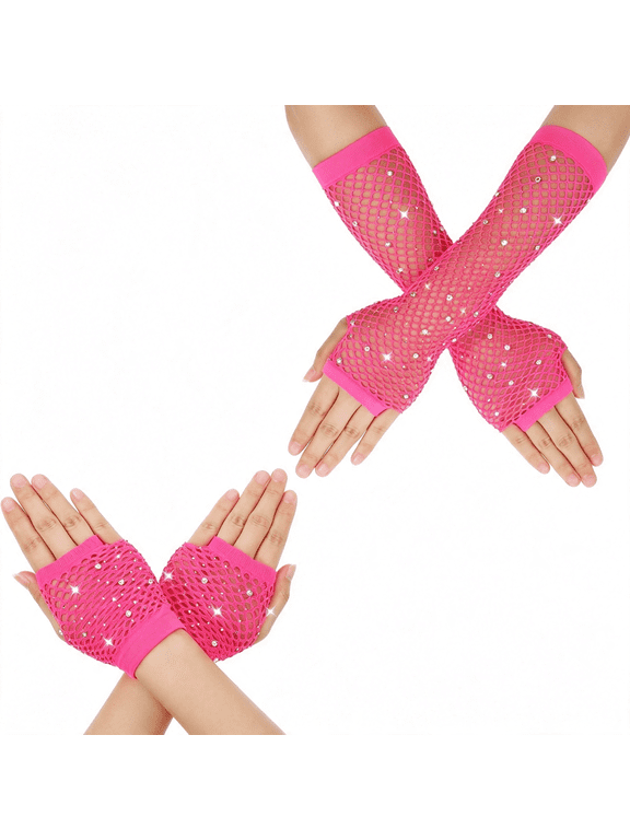 2 Pairs Fishnet Gloves for Kids Women with Rhinestone Short & Long | for 80S 90S Party Halloween Shiny Party Fishnet Gloves