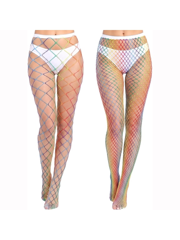 2 Pairs Neon Rainbow Fishnet Tights for Women | Medium Large Fishnet Sizes for Lgbtq+ Pride Halloween,Funky Style,Parties,Raves Festivals Fishnet Stockings