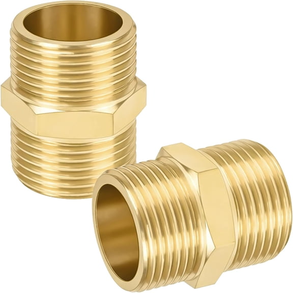 TELOLY 2 Pcs 1/2" Npt Male to Male Hose Adapter,Brass Hex 1/2 Npt Nipple Pipe Fitting Adapter,Straight Thread Connector As Male to Male Hose Adapter for Secure Plumbing Connections