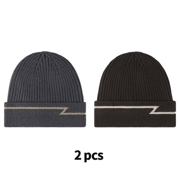 TELOLY 2 Pcs Mens Hats,Fleece-Lined and Thickened Beanies Hats Men,Knitted Jacquard Head Girth Bucket Hats for Men,Dark Grey,Dark Brown