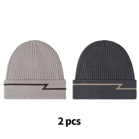 TELOLY 2 Pcs Mens Hats,Fleece-Lined and Thickened Beanies Hats Men,Knitted Jacquard Head Girth Bucket Hats for Men,Khaki,Dark Grey