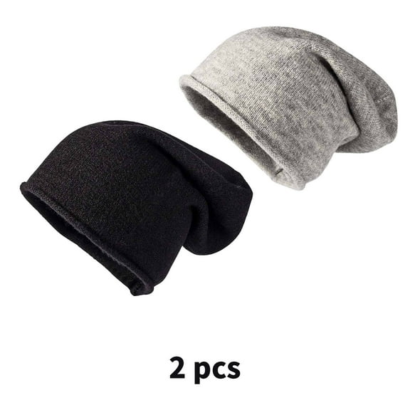 TELOLY 2 Pcs Mens Hats,Wool Warm Beanie,Fashion Pullover Hem Pile Beanies Hats Men,Black,Light Gray