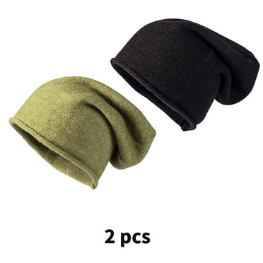 TELOLY 2 Pcs Mens Hats,Wool Warm Beanie,Fashion Pullover Hem Pile Beanies Hats Men,Green,Black