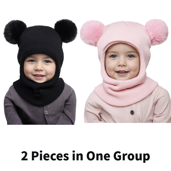 TELOLY 2 Pcs Toddler Hat,Cute Wool Knitting Baby Hats,Fall and Winter Pullovers Newborn Hats,Black,Pink