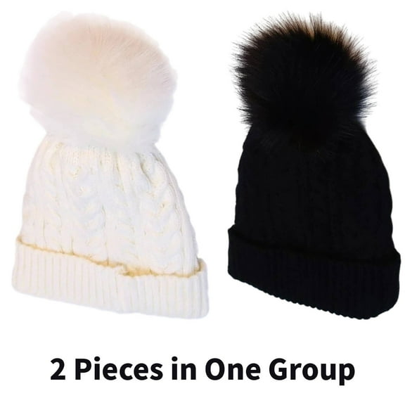 TELOLY 2 Pcs Womens Hats,Double Wool Beanie,Outdoor Warm Knitting Beanie for Women,White,Black