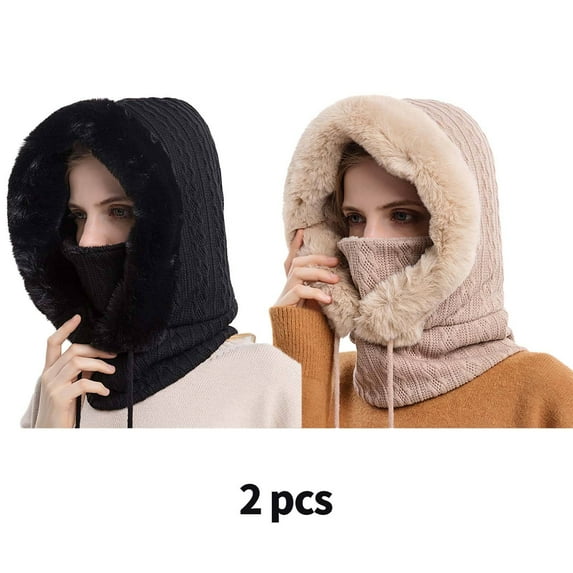 TELOLY 2 Pcs Womens Hats,Knitted Beanie,Warm Beanie for Women,Black,Beige