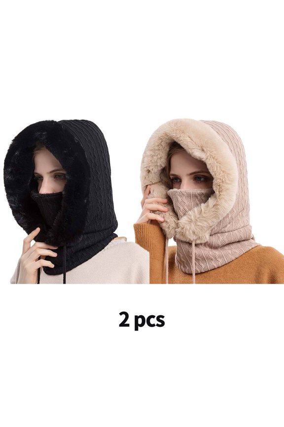 2 Pcs Womens Hats,Knitted Beanie,Warm Beanie for Women,Black,Beige