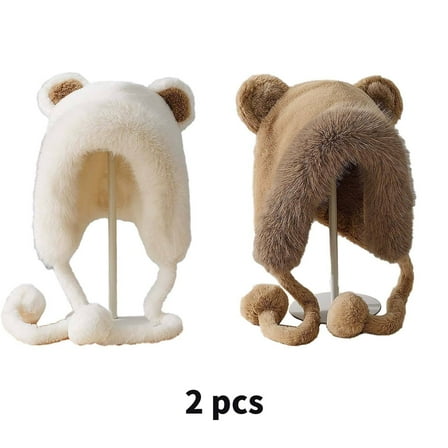 TELOLY 2 Pcs Womens Hats,Playful Cat Ear Design Beanie,Soft Knit Material Beanie for Women,White,Dark Khaki