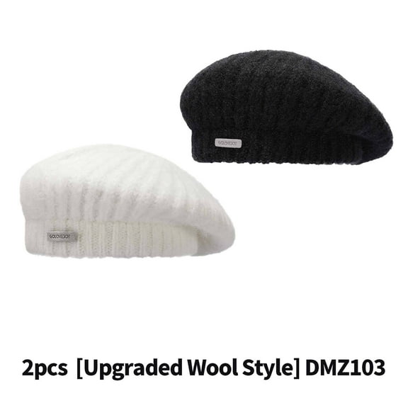 TELOLY 2 Pcs Womens Hats,Warm and Simple Wool Sombrero,Retro Artist Beret Hats for Women,White,Black