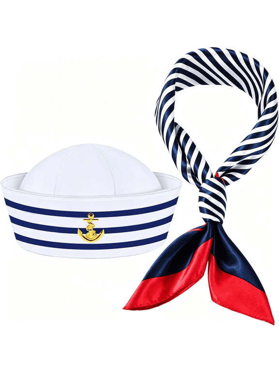 2 Pieces Navy Marine Admiral Style Hat - Adjustable Ship Sailor Cap Yacht Boat Captain Hat 2 Pieces Sailor Hat