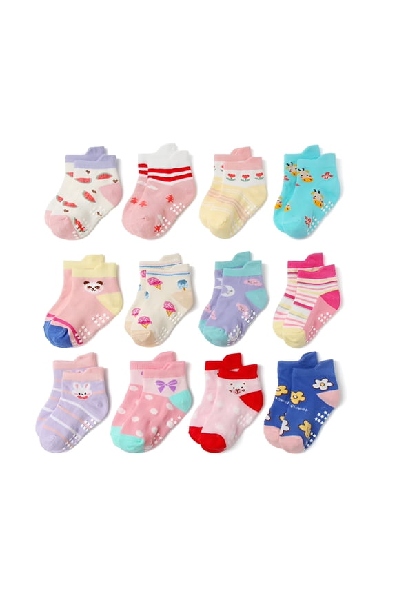 2026 New 12 Pairs Baby Girls Rabbit Socks Non Slip Grips Sticky Slippery Crew Socks for Play,Home,School,Outing,Indoor,1-3/3-5/5-7 Years Old