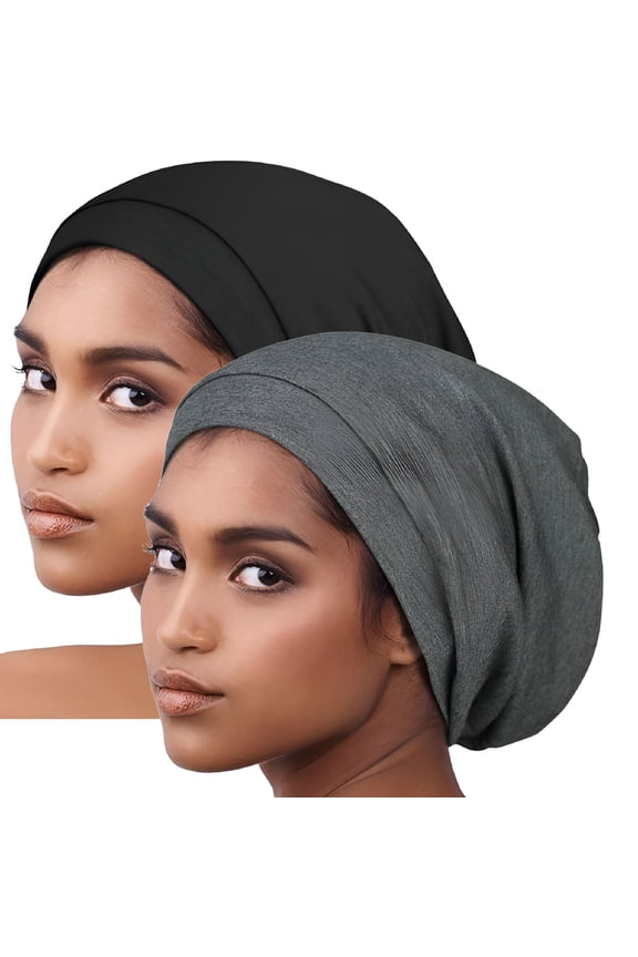 2026 New 2 Pack Sleep Cap, Satin Bonnet Silk Hair Bonnet, Night Cap Slouchy Breathable Headwear Curly Hair Satin Lined Beanie Chemo Cap Silk Lined Hat for Men/Women (Black, Grey)