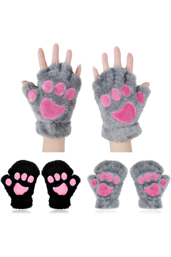 2026 New 2 Pairs Cat Claw Paw Winter Plush Half Finger Gloves Mitten for Girls Cat Gloves for Party, Cosplay, Outdoor, Daily Wear