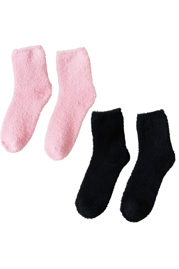 2026 New 2Pairs Fuzzy Socks for Women Cozy Thermal Weave Boot Socks for Women Heat Locking Effect Knee High Socks for Home Lounge Sleep Pink&Black