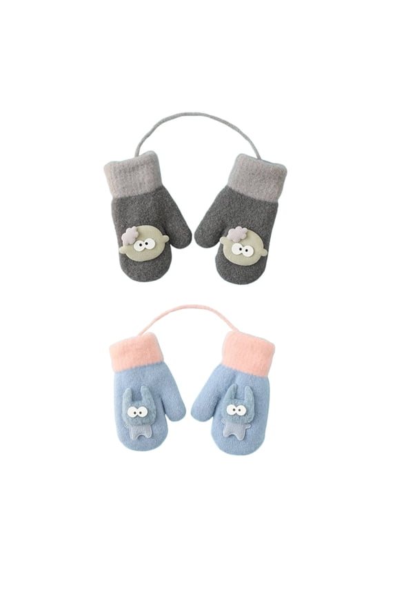 2026 New 2Pairs Gloves 3D Cartoon Pattern Winter Gloves Warm&Thoughtful No Frozen Hands Kids Gloves Grey and Blue for Outdoor Play Winter Sports Snowball Fights School Cold Weather Walks
