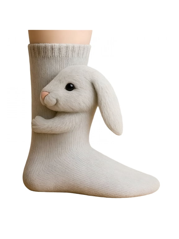2026 New 3D Knit Animal Socks, Cute Plush Animals Design Sock, Double-Layer Cotton, Funny Warm and Soft Long Stocking Stuffers Socks (Bunny)