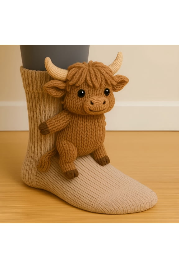 2026 New 3D Knit Animal Socks, Novelty Cute Handmade Cotton Animal Socks for Winter Unisex Thickened Warmful Animal-Themed Socks, Christmas Gift for Women Men(Highland Cow)