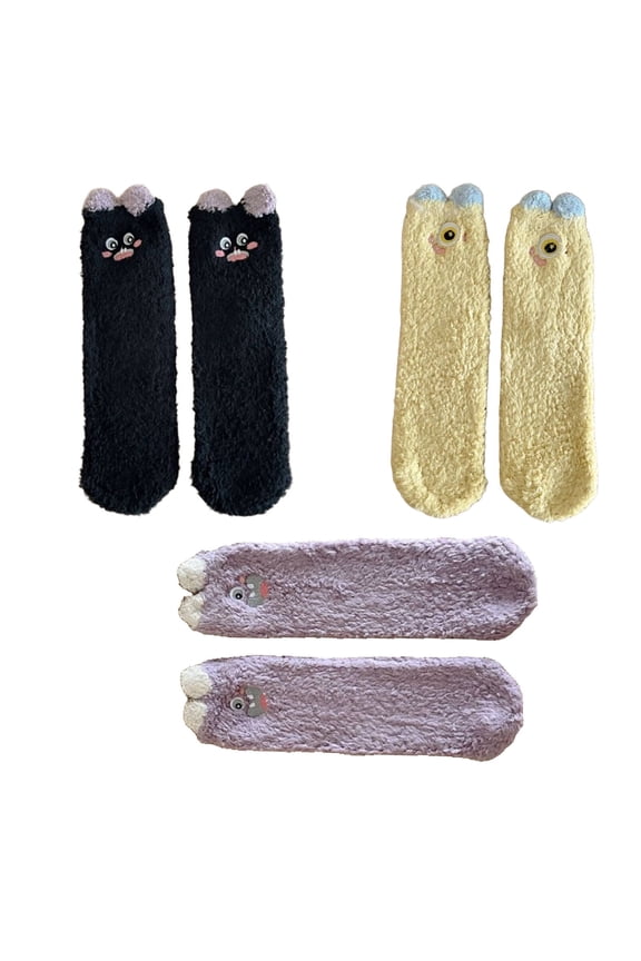 2026 New 3Pairs Socks Cozy Coral Velvet Fuzzy Socks for Chilly Weather,Adorable Animal Design Long Socks for Casual Comfort,Slip Resistant Long Socks for Safe Movement,Style5