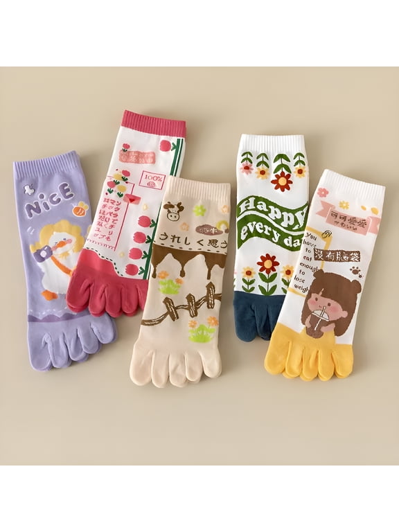 2026 New 5 Pairs Cartoon Cute Women Toe Socks with Separate Fingers Cotton Mid Tube Five Finger Socks for Yoga,Pilates,Exercise,Sports,Daily Spring Summer