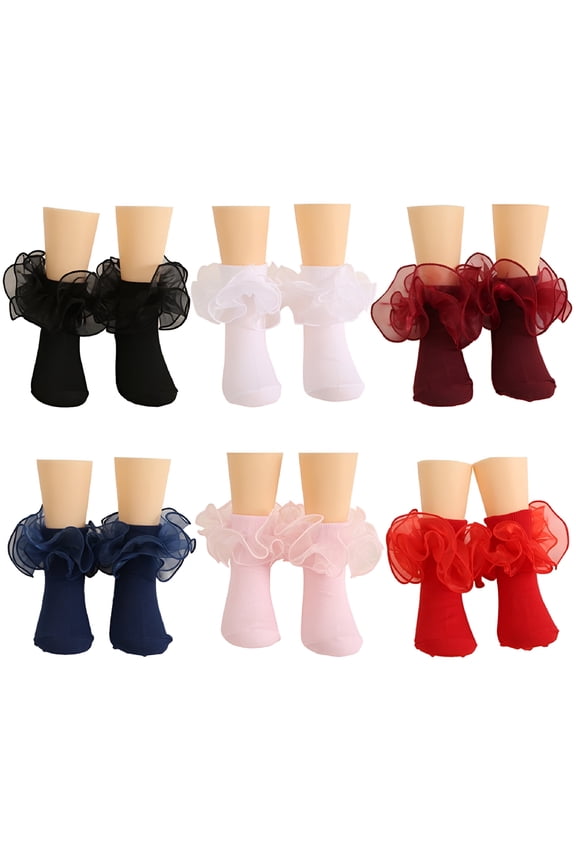 2026 New 6 Pack Girls Ruffle Turn Cuff Socks,Double Lace Frilly Dress Socks for Kids for School,Party,Wedding,Birthday,Daily Wear