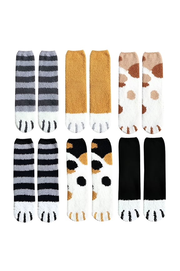 2026 New 6 Pairs of Thicken Coral Fleece Stockings Cat Paw Pattern Socks (Mixed Style), for Home Wear, Lounging, Sleep, Cozy Days, Winter, Holiday Gifts, Casual Wear