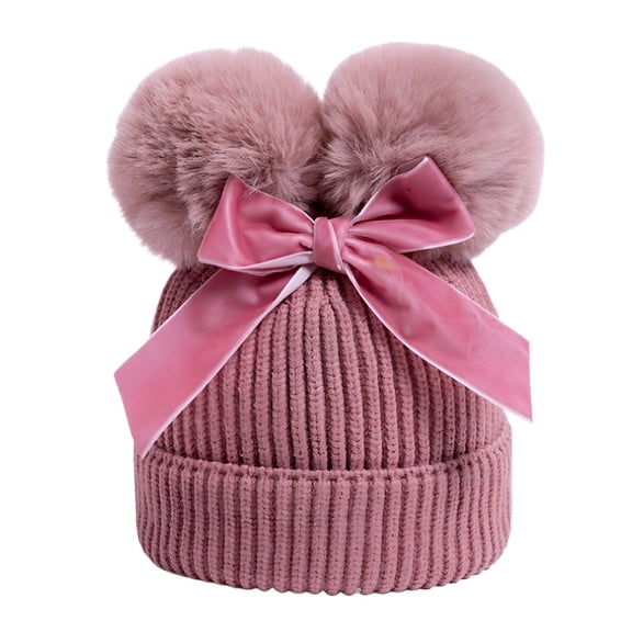 TELOLY 2026 New Baby Girl Beanies Toddler Hat Winter Baby Winter Beanie Hat with Bow, Double Pom Pom Beanies Cap, Warm Toddler Boys Girls Knit Hats Pink 6-36 Months