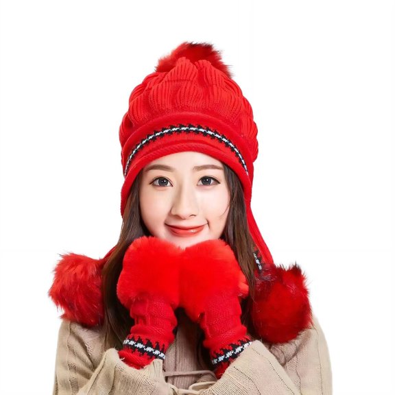 TELOLY Red Beanie Winter Hat For Women With Pom Pom And Earflaps For Cold Weather