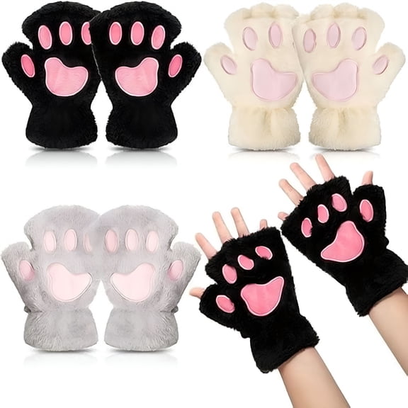 TELOLY 2026 New Cat'S Paw Gloves Cosplay Faux Fur Plush Cat Gloves Lion Paw Fingerless Gloves for Girls Ladies for Cosplay, Halloween, Party, Costume