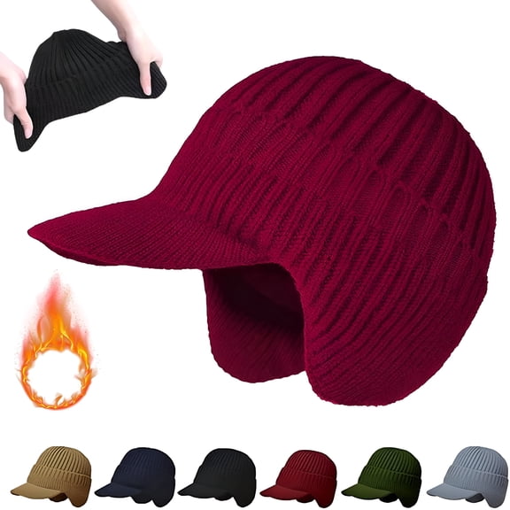 TELOLY 2026 New Cozy Head Beanie for Men and Women, Winter Hat with Brim and Ear Flaps, 30% Wool Blend Knitted Cap for Cold Weather for Skiing, Snowboarding, Hiking, Cycling, Outdoor