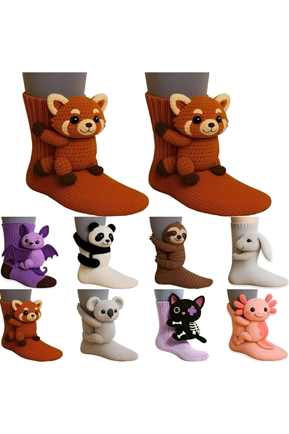 2026 New Cozy Raccoon 3D Knit Animal Socks, Hugging Design for Women and Men, Christmas Gifts, for Home, Lounge, Sleep, Red