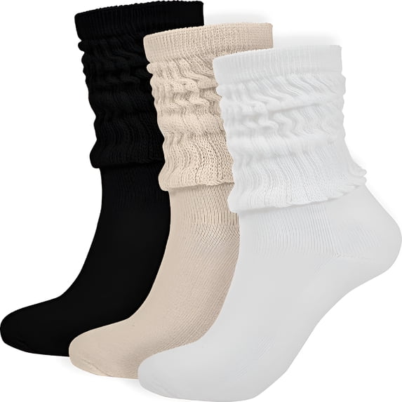 TELOLY 2026 New Crew Slouch Socks Women - Retro Scrunch Short Sock - Soft Solid Ankle Socks Size 5-11 for Casual Wear,Athleisure,Home,Office,Walking (Black/Cream/White - 3 Pairs)