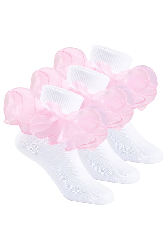 2026 New Girl'S Double Lace Ruffle Cotton Dress Socks for Party, Church, Birthday White, (3-Pack)