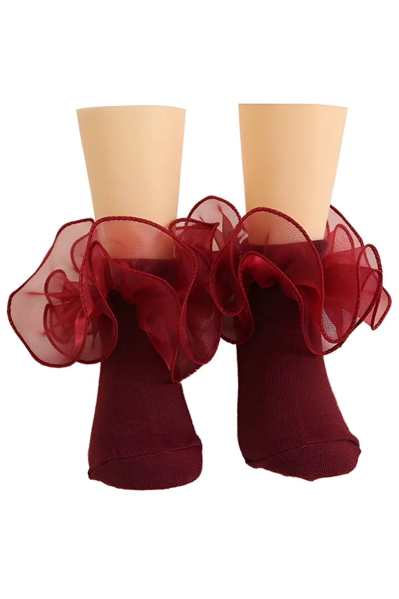 2026 New Girls Double Lace Socks Turn Cuff with Big Ruffle Frilly Dress Socks Ankle Socks for Infant Toddler Kids Women Red Ruffle Socks 1 Pair