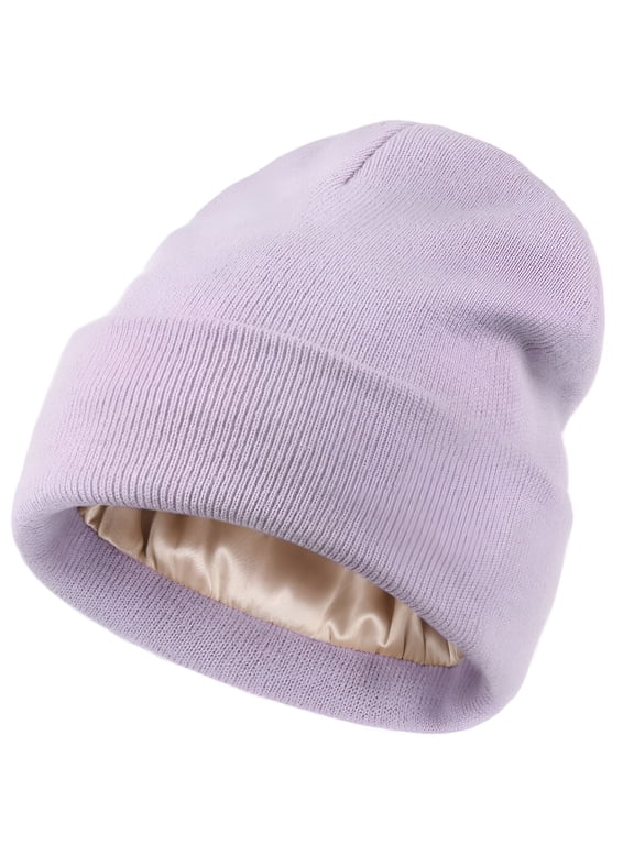 2026 New Women Knit Beanie Hat Acrylic Winter Hats Silk Lining Soft Slouchy Purple
