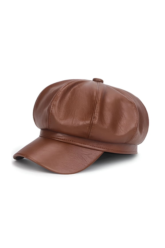 2026 New Women Newsboy Hats Leather Visor Beret Cabbie Hat Vintage Women Fiddler Cap Faux Leather Baker Boy Hat for Casual,Outdoor,Travel,Fashion,Coffee